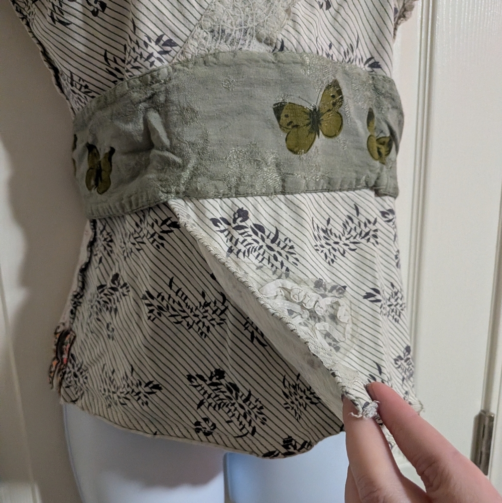 Free People Cream & Green Mixed-Print Ballerina Patchwork Blouse - Picture 3 of 12
